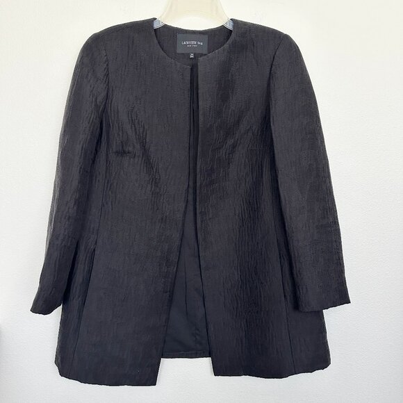 Lafayette148 Tencel Open Front Overcoat Jacket Black Textured Workwear Size 10